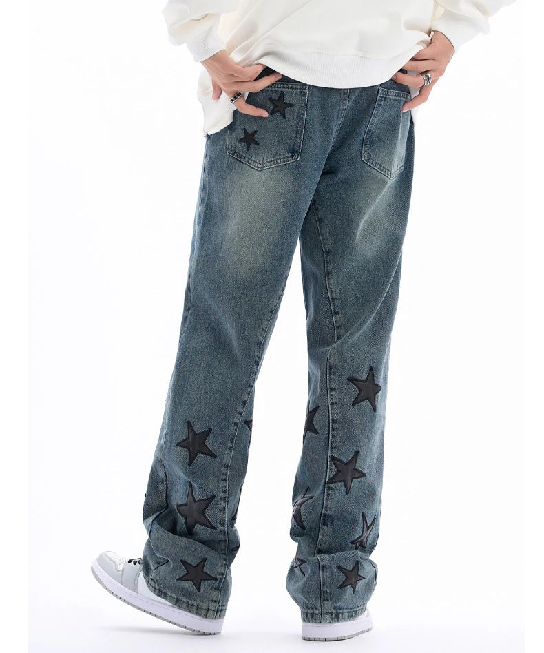 Original Loose Star Leather Jeans Men Washed High Street Hip Hop Straight Casual Pants