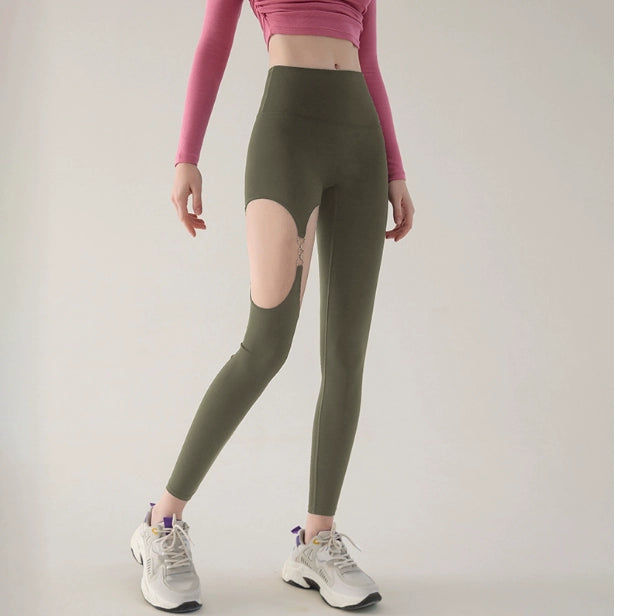 Sexy Metal Buckle Cut Out High Elastic Fashion Yoga Pants