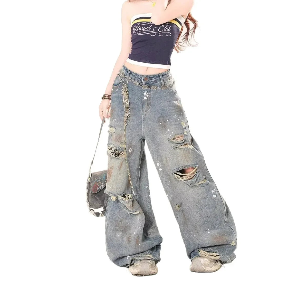 Washed Vintage Hole Denim Jeans Loose Straight High Waist Women's Spring Autumn New Style Street Fashion Long Trousers