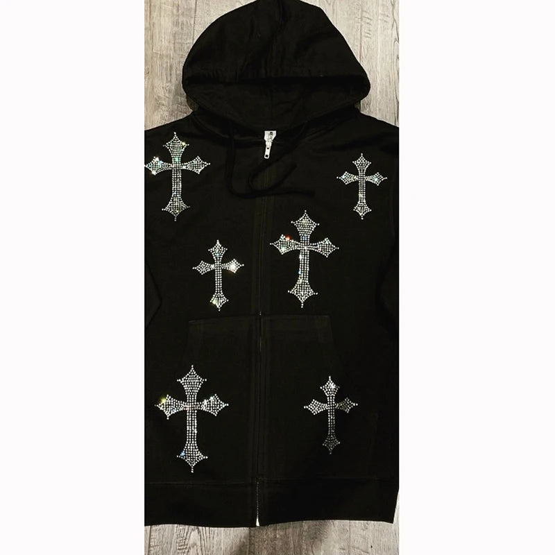 Rhinestone Gothic Streetwear Green Zipup Hoodie Y2k Hip Hop Joggers Sweatshirt Korean Fashion Punk Sport Coat Pullover