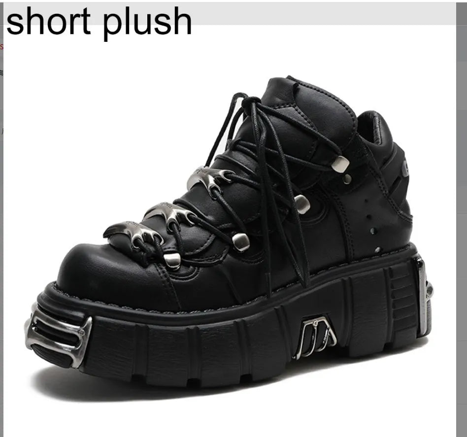 Brand New Rock Motorcycle Ankle Boots Gothic Street Chunky Heels Platform Short Boots Ladies Matal Autumn/Winter Shoes For Woman