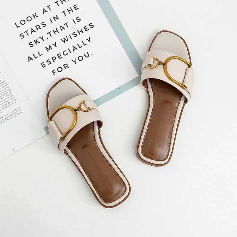 2025 Summer Women's Slippers Leather Square Head Women's Flat Shoes Designer Beach Women's Slippers