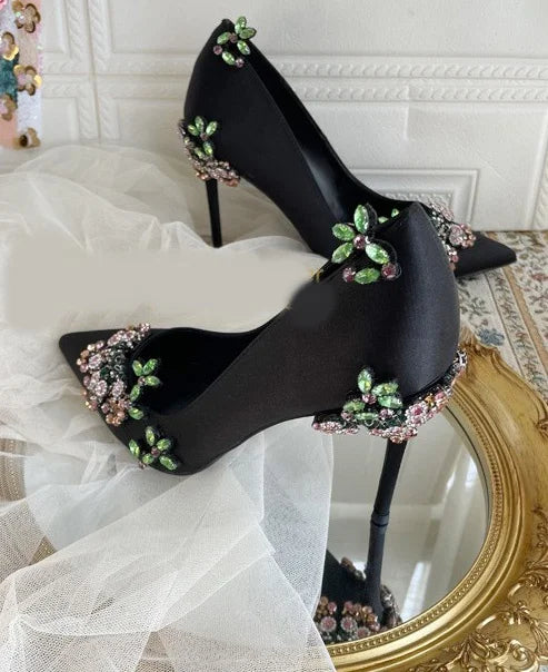 Black Satin Colorful Designer Flower Rhinestone Pointed Toe High-Heeled Women's Pumps Solid Rubber AntiSlip Lady's Shoes