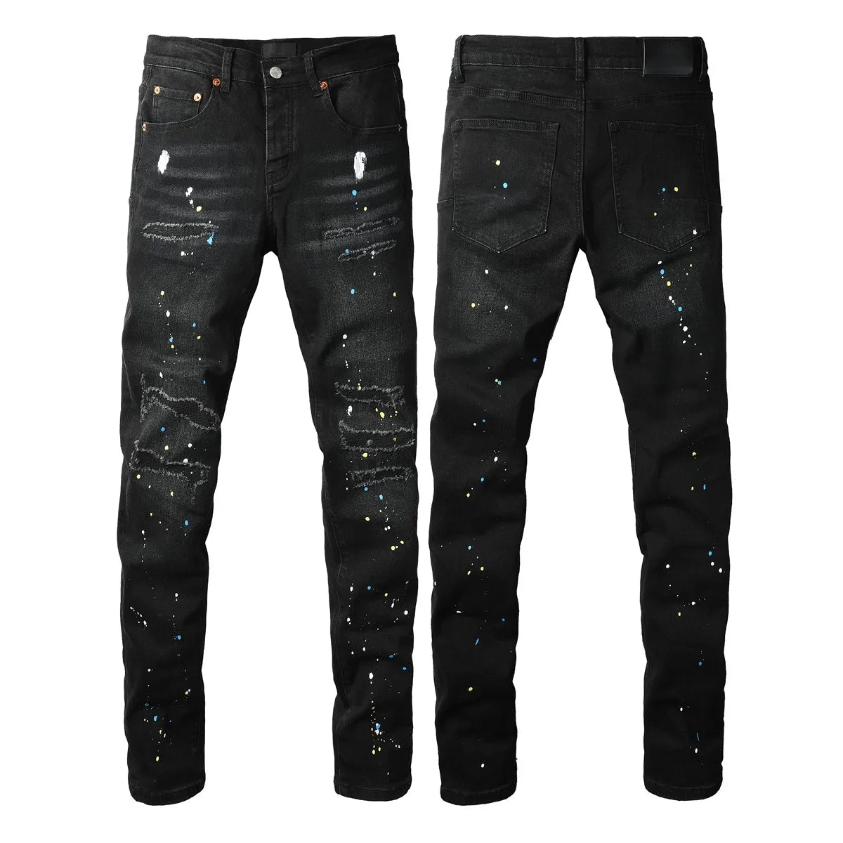 New Jeans Men Fashion Trend Daily Casual Black Paint Hole Straight Leg Pants Hip Hop Elastic Skinny Ripped jeans Brand pants