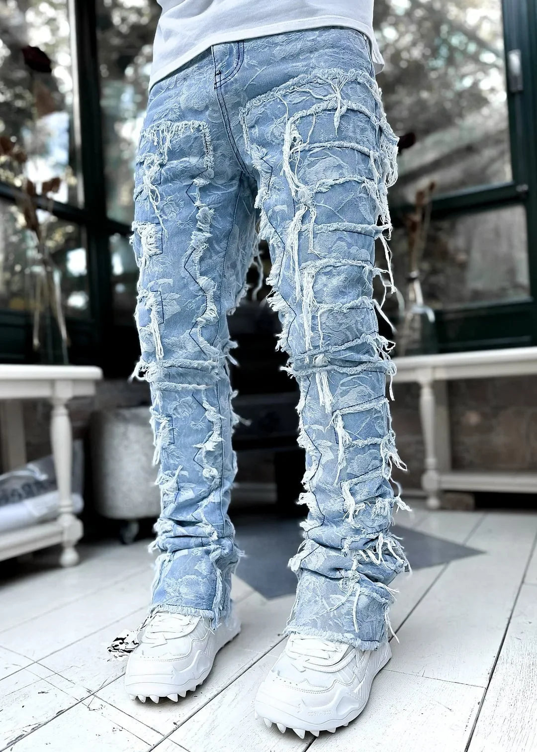 Men's Casual Distressed Jeans Tassels Patchwork Design Slim Fit Solid Color Stretch Denim Pants Straight Leg Streetwear Trousers