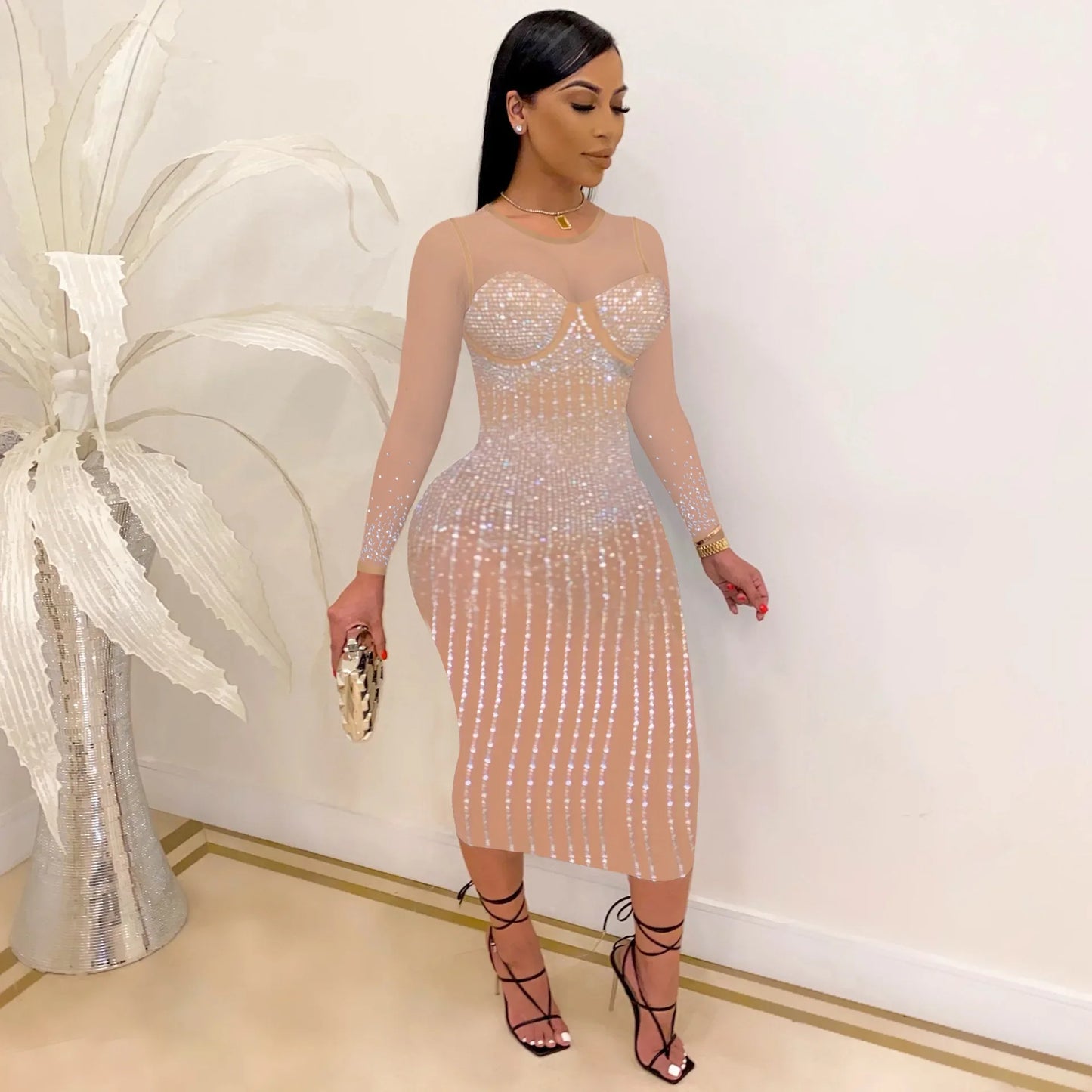 CM.YAYA Mesh See Though Hot Rhinestones Plunging V-neck Midi Bodycon Dress Women Sexy Club Party Dresses Pencil Vestidos