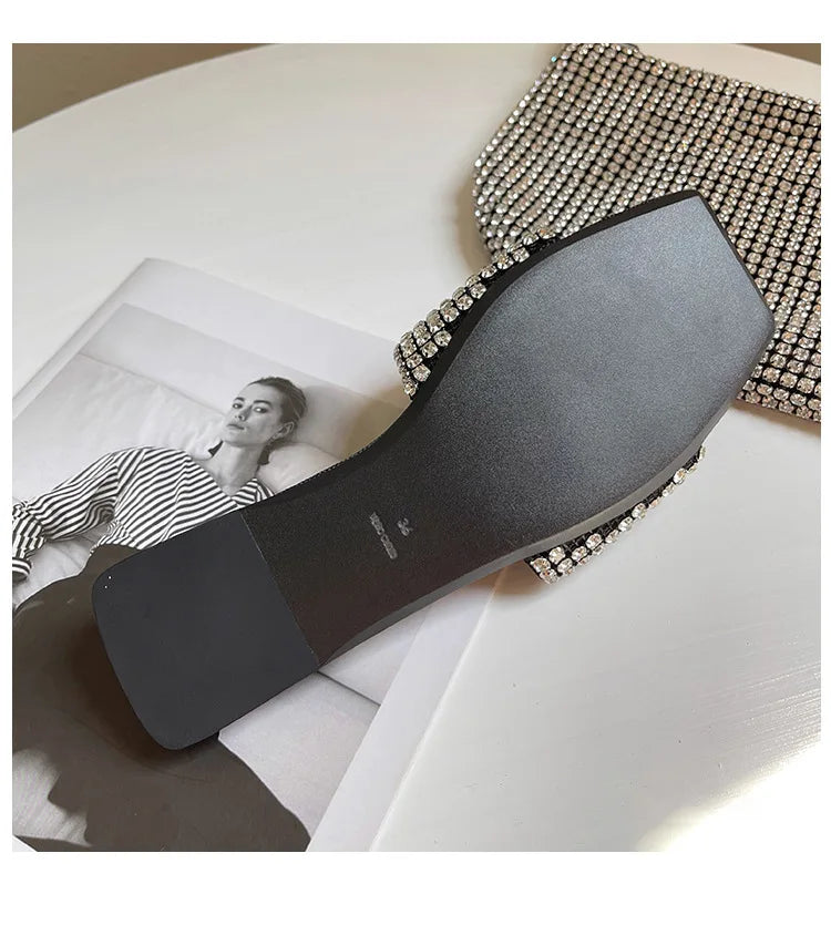 Ladies Shiny Crystal Slippers Summer Women Flat Slides Shoes Rhinestone Beading Sandals Female Clear Flipflops