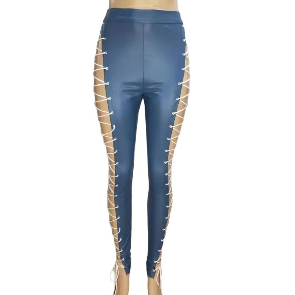 Women's Lace Up PU Leather Pants Chic High Waist Hollow Out Drawstring Bandage Cut Out Faux Leather Trousers