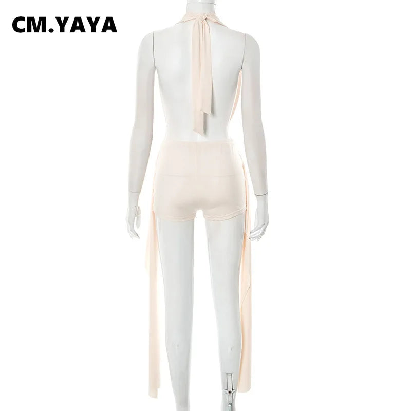 CM.YAYA Women's Set Backless Sleeveless Halter Tops and Ribbon Shorts 2025 Summer Sexy Party Street Two 2 Piece Sets Outfits