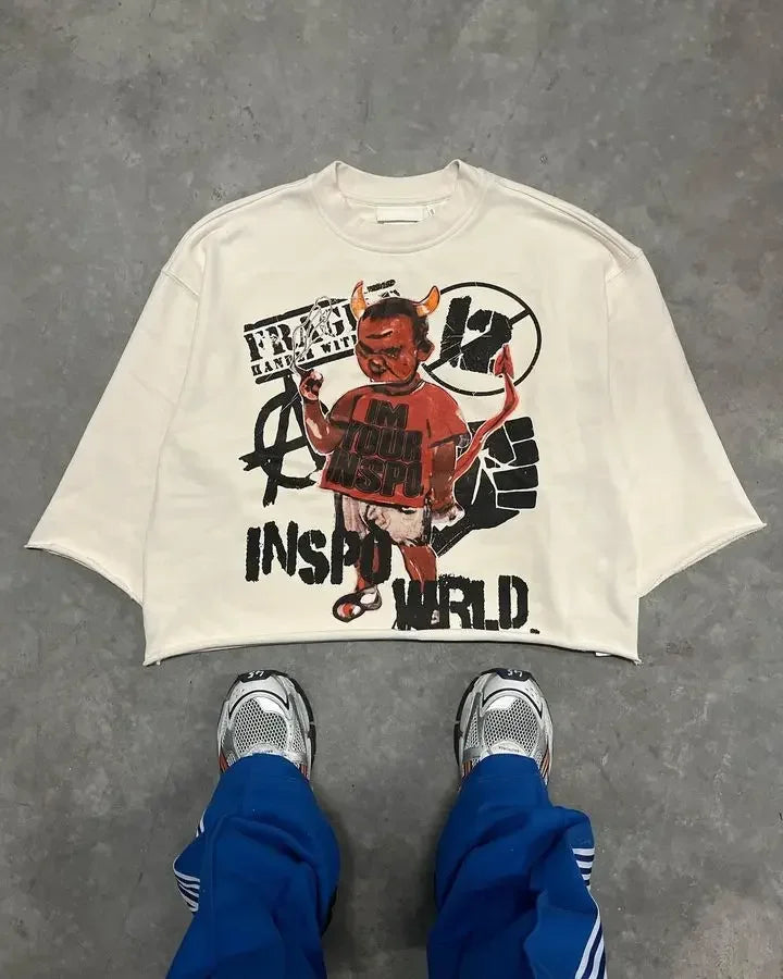 Retro High Street Printed Three Quarter Sleeve Baggy T-Shirt Women's Gothic Punk Rock Y2K Short Sleeve Harajuku Oversized Top