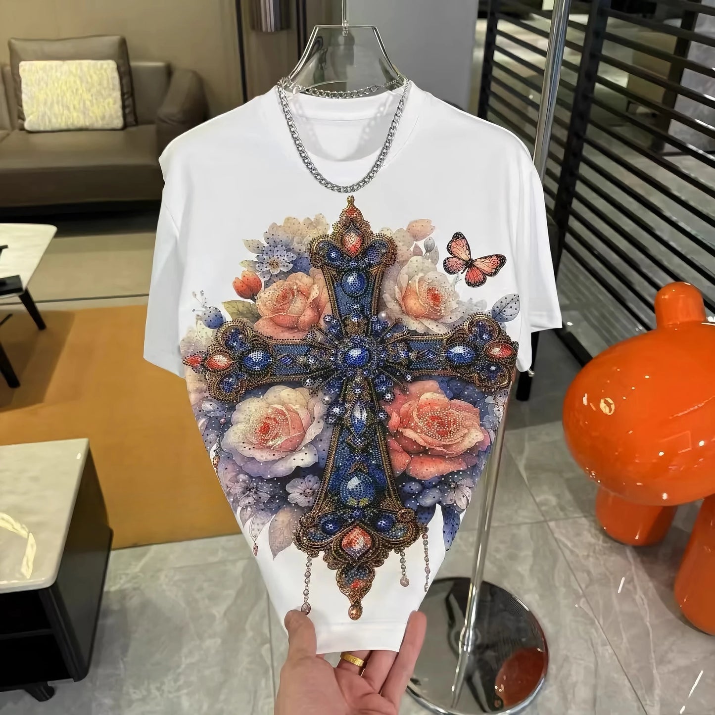 2025 Spring New Loose Chic Tees Round Neck Short Sleeve Hot Diamond T-Shirts Men's Fashion Versatile Casual Quality Trendy Tops