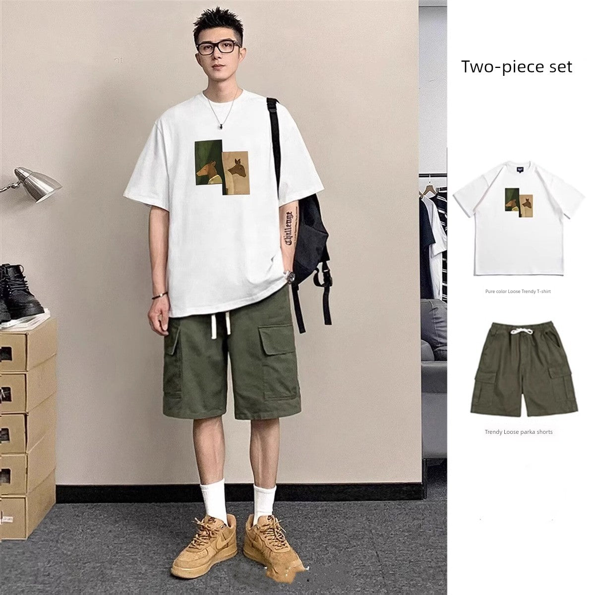 Print round Neck Pure Cotton T-shirt Men's Suit Summer Menswear a Set of Matching Parka Shorts Fashion Short Sleeve T-shirt