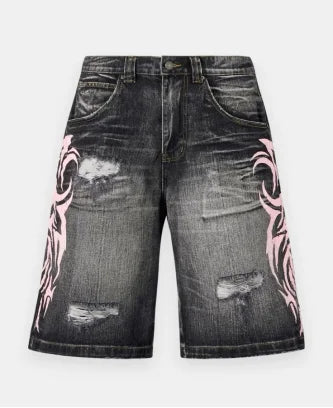 American popular retro cross niche letter print loose denim old shorts men's street fashion gothic casual new sweatshirt suit