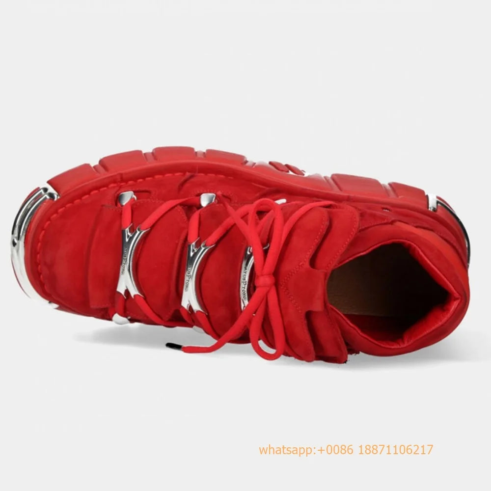 Red Metal Rivet Sports Casual Boots Fashion Women's Round Toe Lace-Up Sport Pumps 2024 New Street Rock Punk Platform Ankle Boots