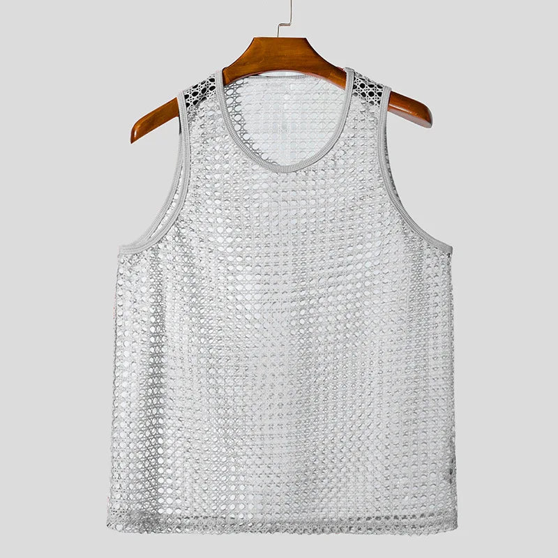 Summer Hollow Out Fitness Sports Sleeveless T-Shirt Muscle Men's Mesh See Through Sexy Knitted Vest