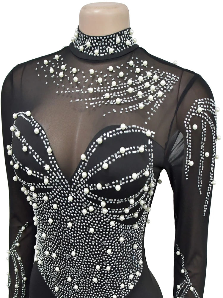 Beyprern Women's Black Mesh Bust Pearls & Rhinestone Décor Long Maxi Dress Glam See-Through Crystal Party Dress Birthday Outfits