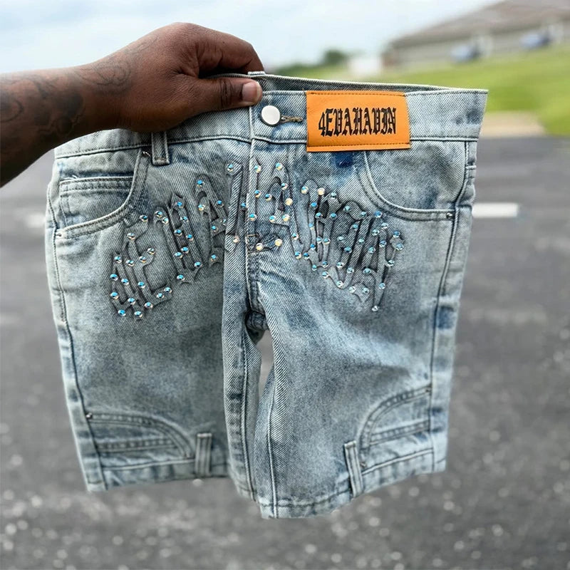 Summer Fashion Diamond Studded Light Blue High Waist Slimming Denim Shorts Y2K Hip Hop Gothic Women Casual Trend Streetwear New