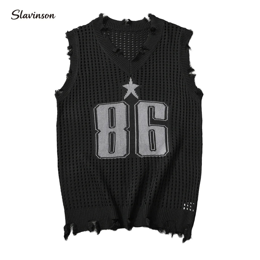 Slavinson Men's Vest Summer Fashion Knitted Letter Pattern Mesh Sleeveless Vest Casual Breathable Knit Soft Vest Top Men US Size