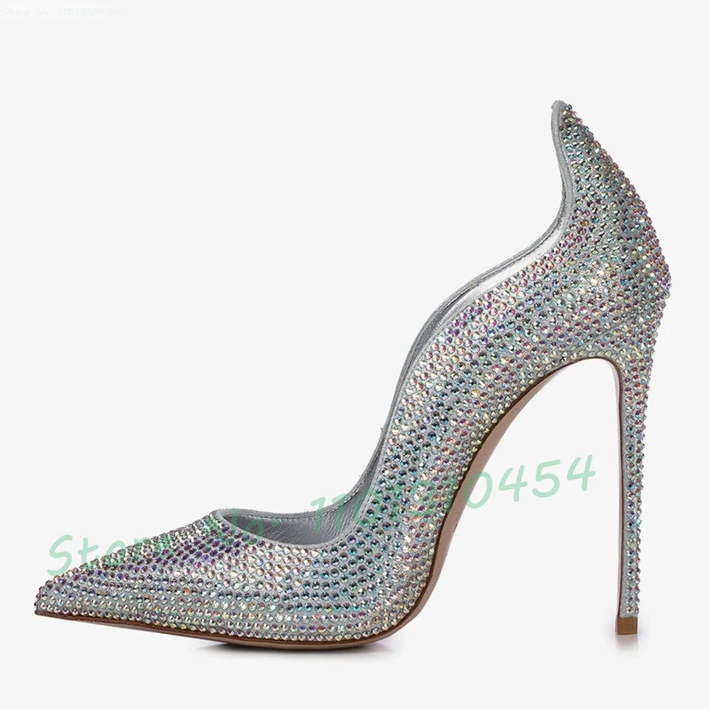 Crystal Glitter Curved Pointy Pumps Women 2025 Sparkly Stiletto High Heels Party Shoes Luxury Shiny Leather Ladies Wedding Pumps