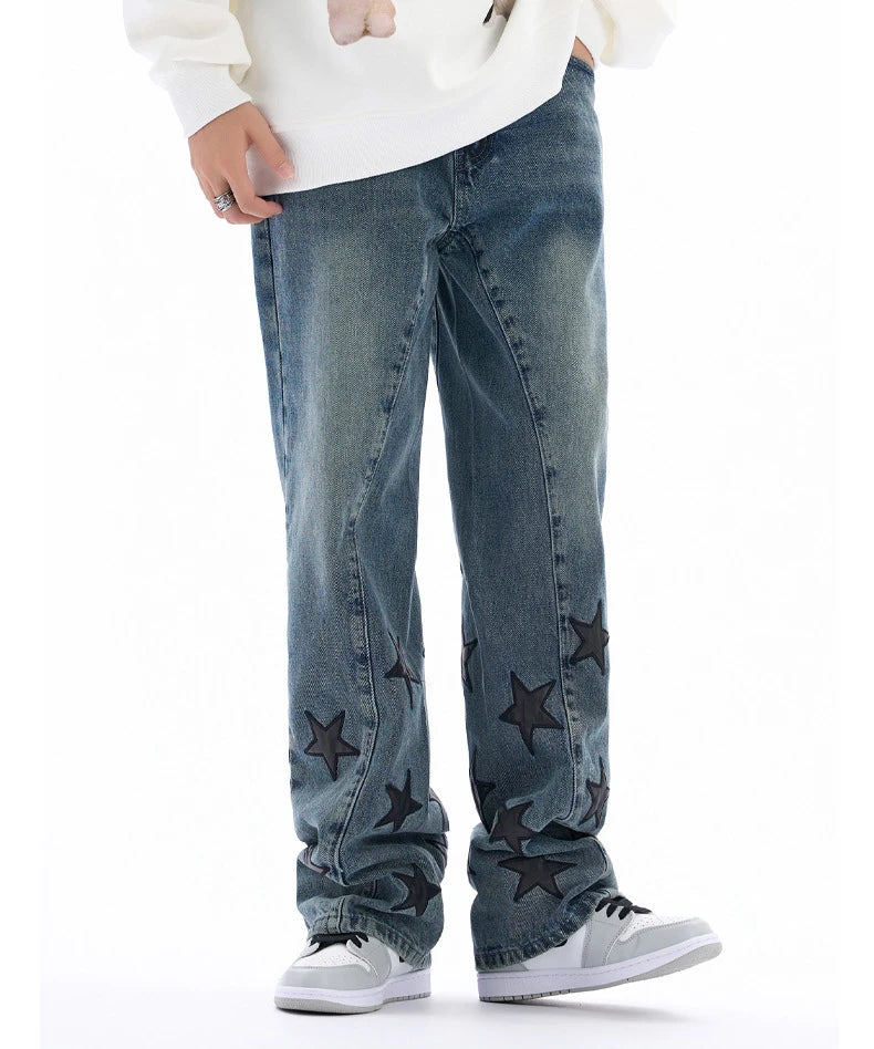 Original Loose Star Leather Jeans Men Washed High Street Hip Hop Straight Casual Pants