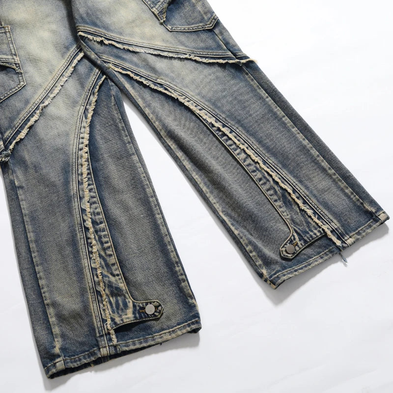 Custom Men's Baggy Jeans Versatile Loose Pants Irregular Stitching Wide Leg Winter Washed Techniques Solid for Spring Summer