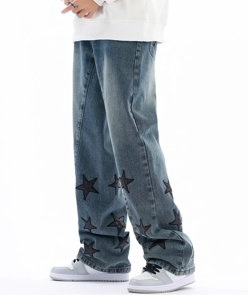 Original Loose Star Leather Jeans Men Washed High Street Hip Hop Straight Casual Pants
