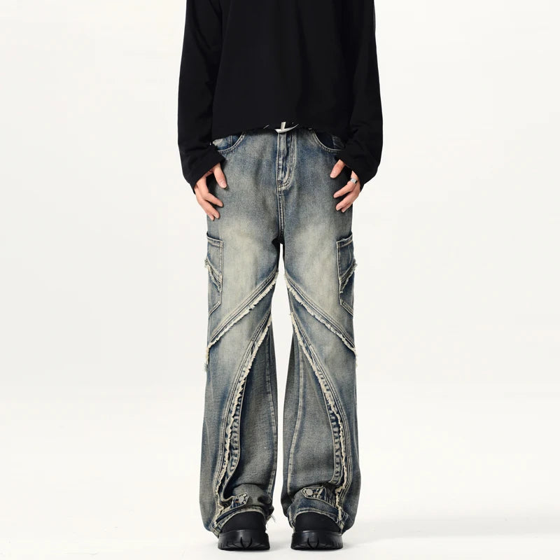 Custom Men's Baggy Jeans Versatile Loose Pants Irregular Stitching Wide Leg Winter Washed Techniques Solid for Spring Summer