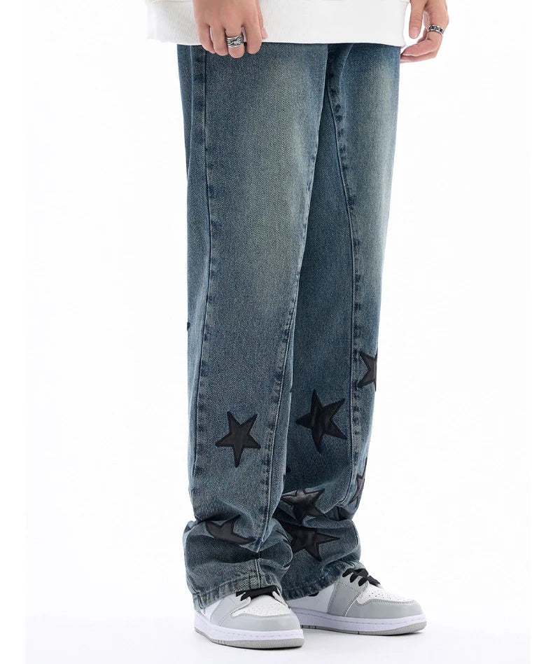 Original Loose Star Leather Jeans Men Washed High Street Hip Hop Straight Casual Pants