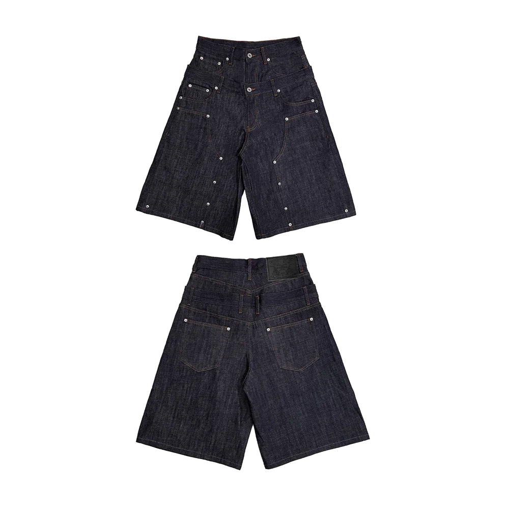 Vintage Double Waist Jeans Heads Hit the Nail Indigo Light Custom Double Waist Jorts High Street Double Waist Pants Men Outfit