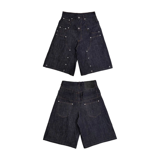 Vintage Double Waist Jeans Heads Hit the Nail Indigo Light Custom Double Waist Jorts High Street Double Waist Pants Men Outfit