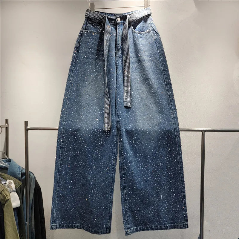 OUDINA New Stylish Starry Diamond Ribbon Rhinestone Loose Wash Denim Wide Leg Pant Trousers Women Pants Jeans