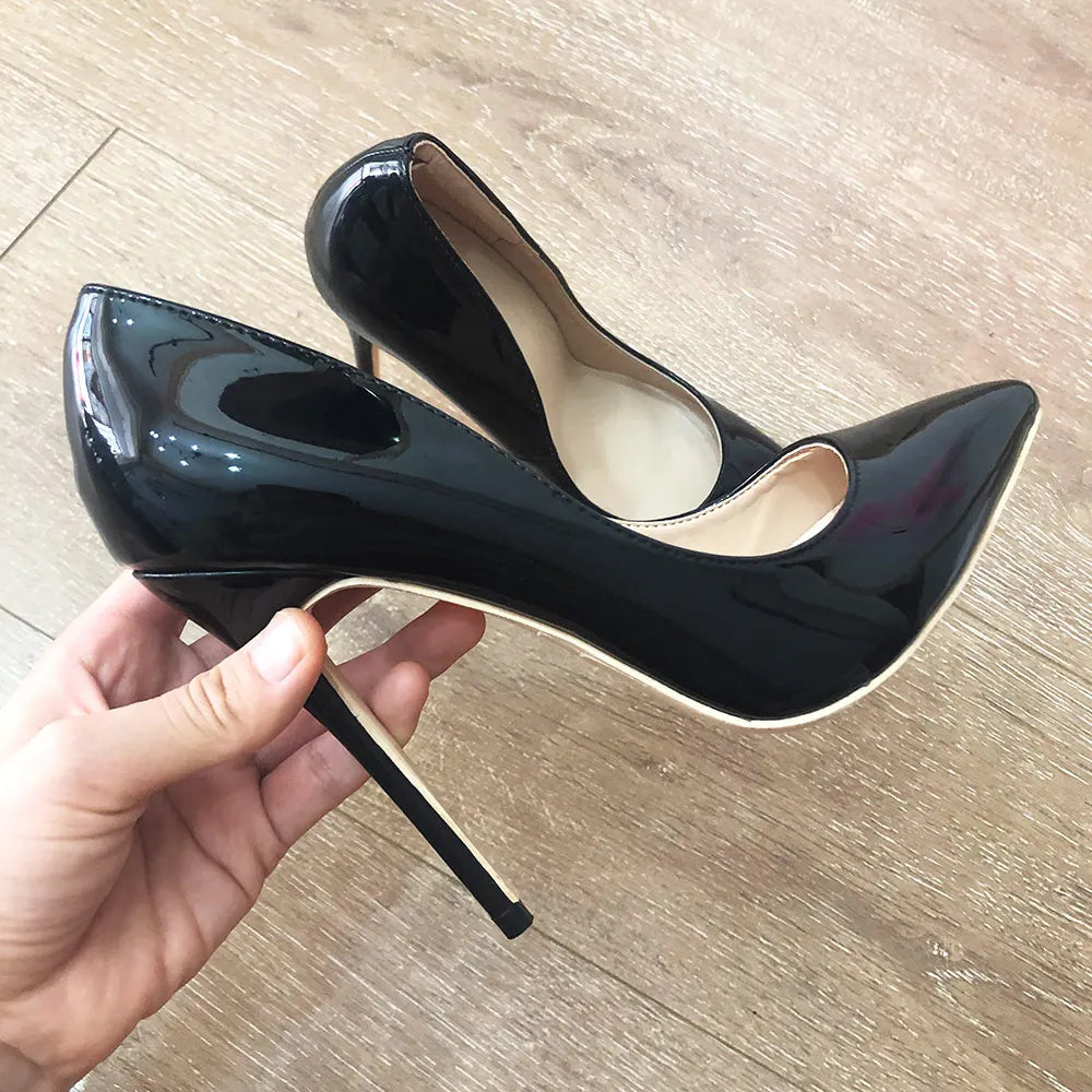 Veowalk Women Glossy Black Patent 12cm Pointy Toe Shallow Stiletto Pumps Classic Elegant OL Ladies Slip on High Heel Dress Shoes