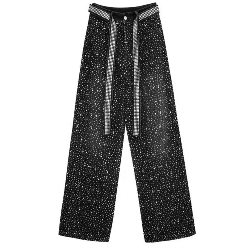 OUDINA New Stylish Starry Diamond Ribbon Rhinestone Loose Wash Denim Wide Leg Pant Trousers Women Pants Jeans