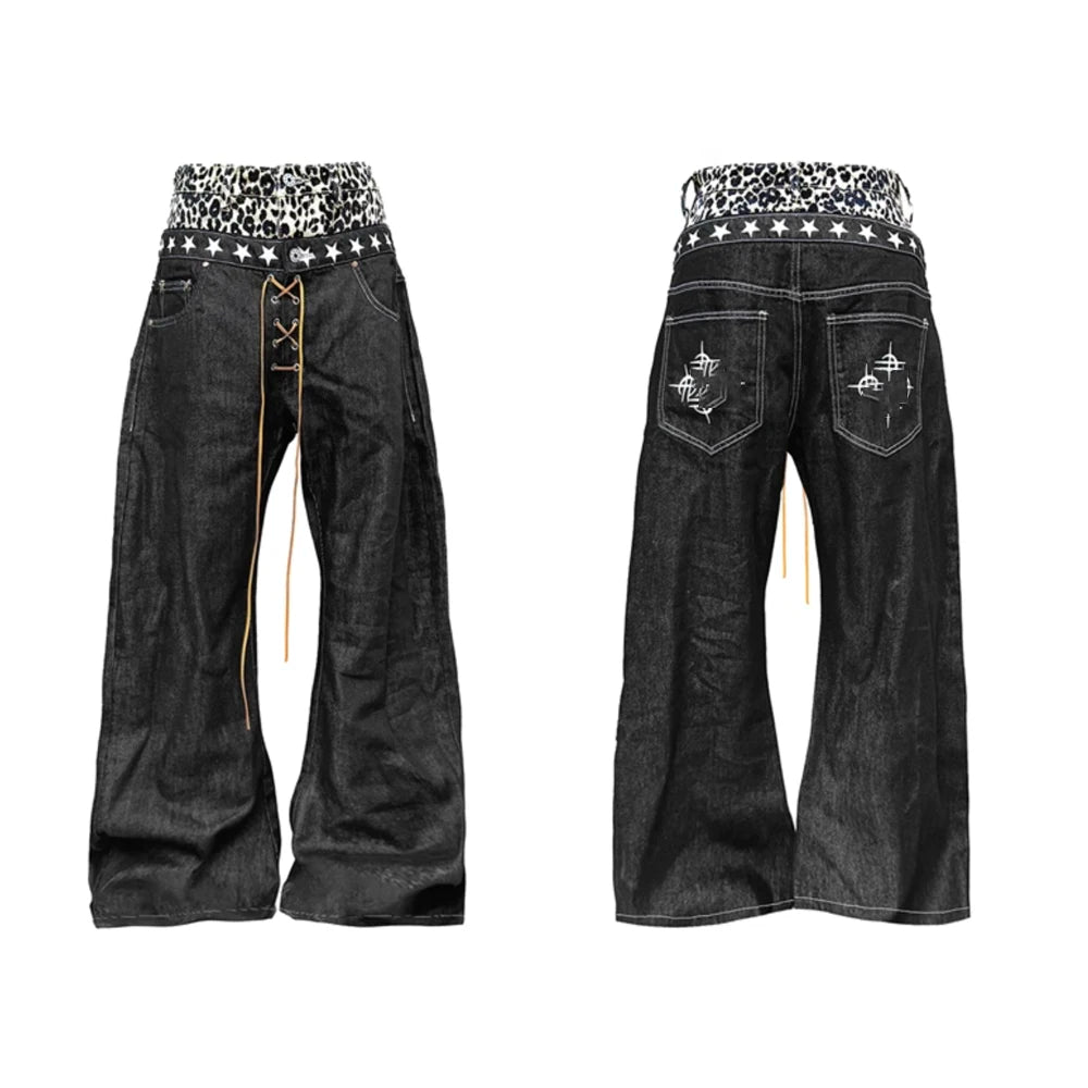 Vintage Double Waist Jeans Heads Hit the Nail Indigo Light Custom Double Waist Jorts High Street Double Waist Pants Men Outfit