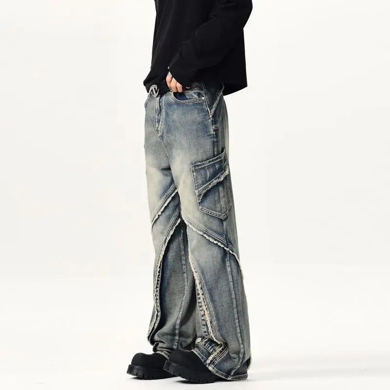 Custom Men's Baggy Jeans Versatile Loose Pants Irregular Stitching Wide Leg Winter Washed Techniques Solid for Spring Summer
