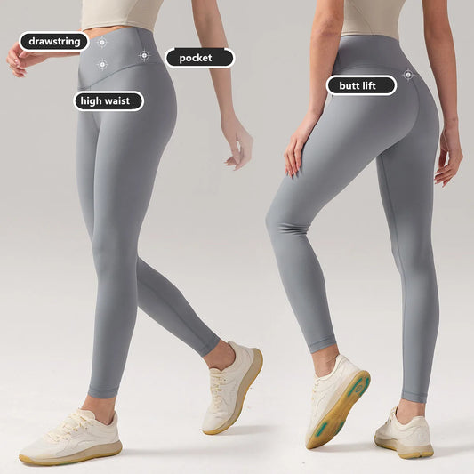 Custom Logo 24'' Inseam Lulu High Waist Nude Drawstring Leggings Super Elastic Fitness Tights Yoga Training Pilates