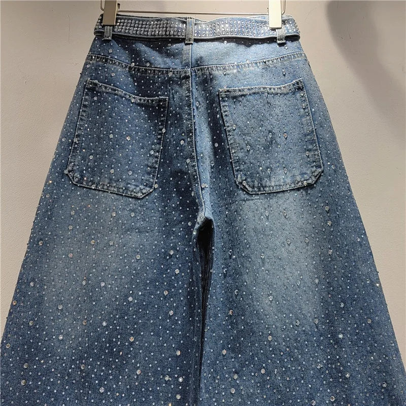 OUDINA New Stylish Starry Diamond Ribbon Rhinestone Loose Wash Denim Wide Leg Pant Trousers Women Pants Jeans