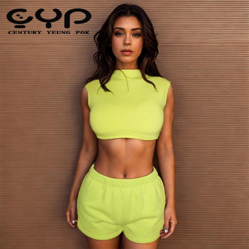 2024 New Year Letter Print Crop Top and Short Pants Set Women's Bodycon Casual Knitting 2-Piece Crop Top and Short Pants Set