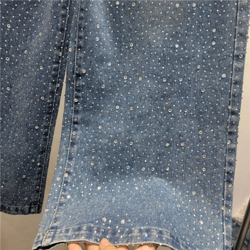 OUDINA New Stylish Starry Diamond Ribbon Rhinestone Loose Wash Denim Wide Leg Pant Trousers Women Pants Jeans