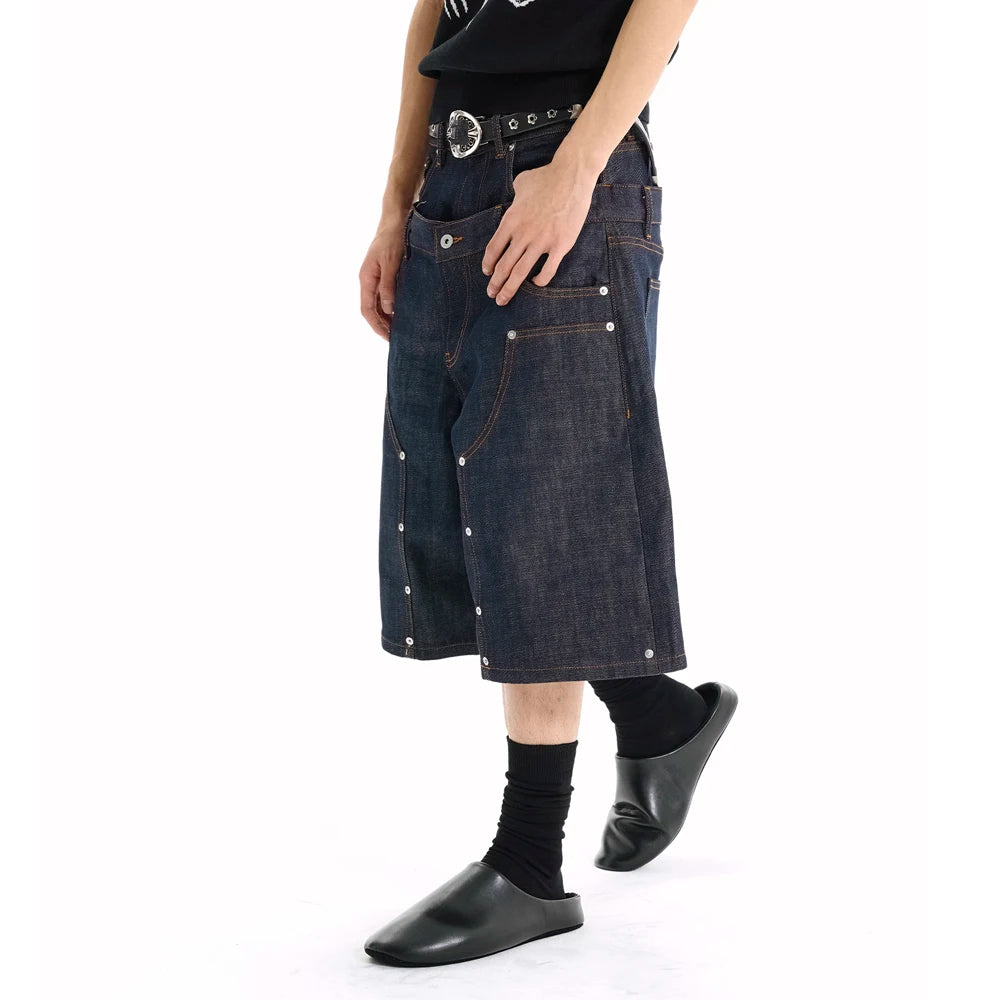 Vintage Double Waist Jeans Heads Hit the Nail Indigo Light Custom Double Waist Jorts High Street Double Waist Pants Men Outfit