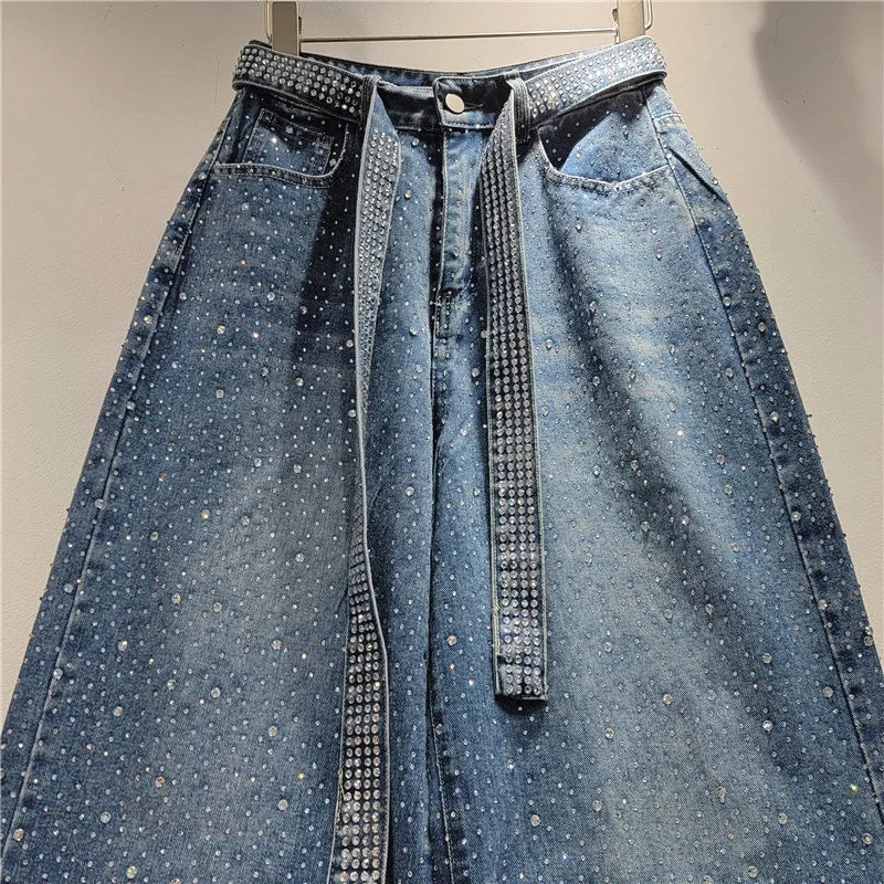 OUDINA New Stylish Starry Diamond Ribbon Rhinestone Loose Wash Denim Wide Leg Pant Trousers Women Pants Jeans