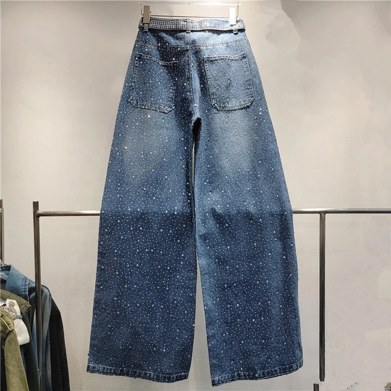 OUDINA New Stylish Starry Diamond Ribbon Rhinestone Loose Wash Denim Wide Leg Pant Trousers Women Pants Jeans