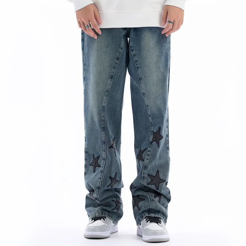 Original Loose Star Leather Jeans Men Washed High Street Hip Hop Straight Casual Pants