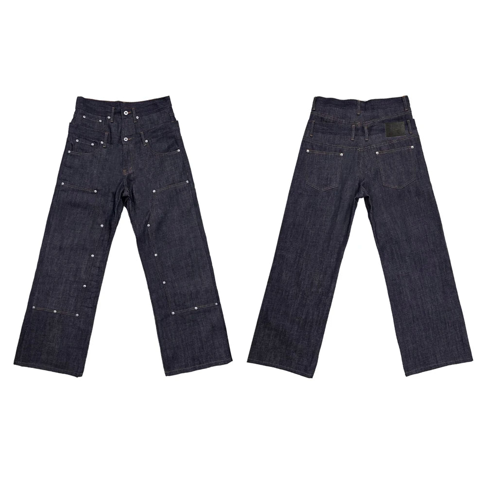 Vintage Double Waist Jeans Heads Hit the Nail Indigo Light Custom Double Waist Jorts High Street Double Waist Pants Men Outfit