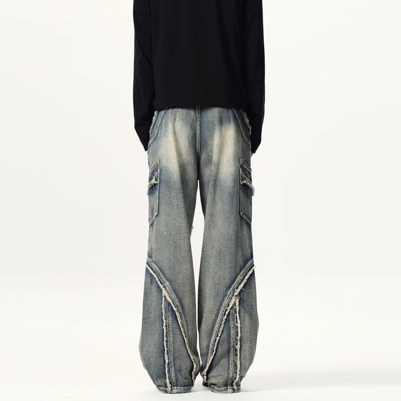 Custom Men's Baggy Jeans Versatile Loose Pants Irregular Stitching Wide Leg Winter Washed Techniques Solid for Spring Summer