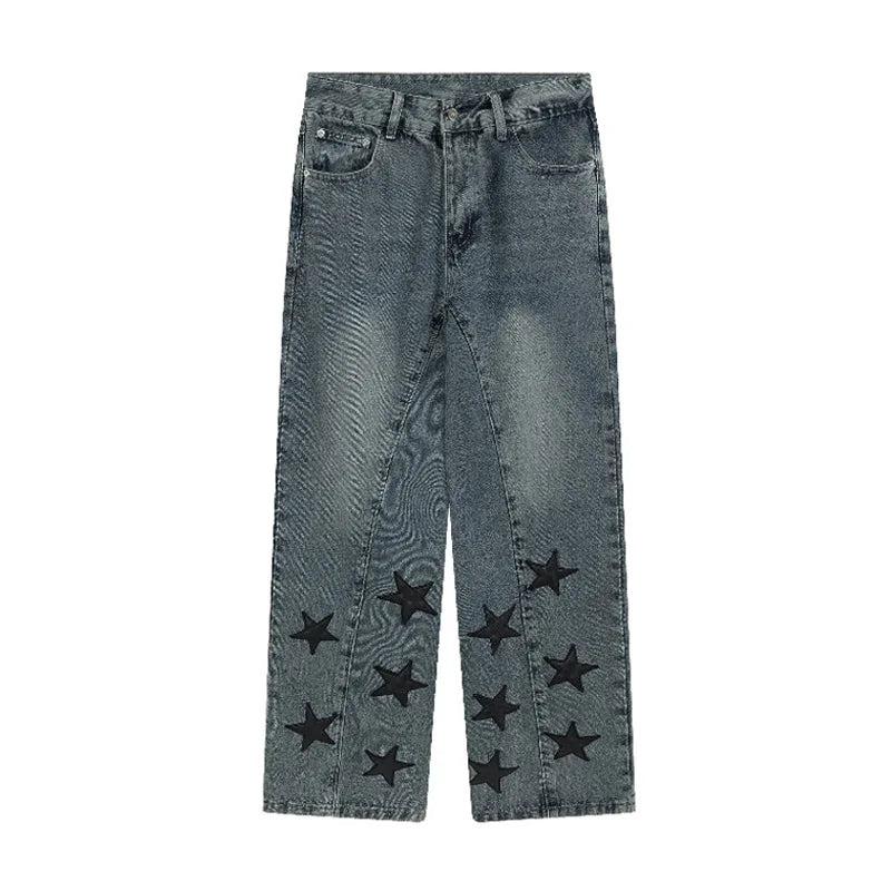 Original Loose Star Leather Jeans Men Washed High Street Hip Hop Straight Casual Pants