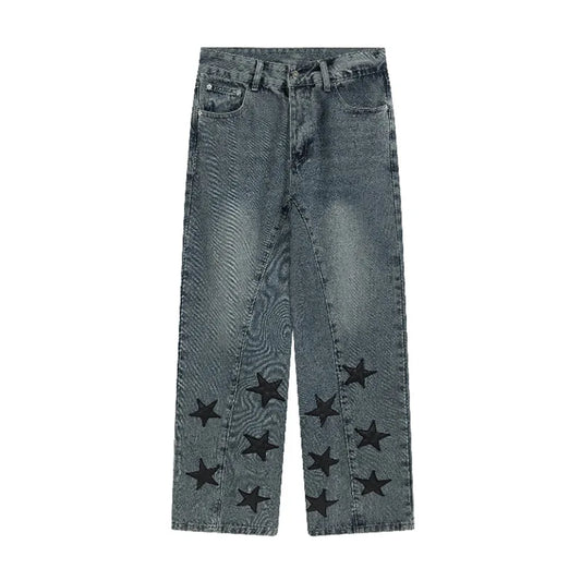 Original Loose Star Leather Jeans Men Washed High Street Hip Hop Straight Casual Pants