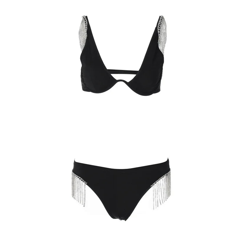 Fall 2022 Women Clothes Fringe Drill Chain Suspenders Split Bikini Two Piece Set Beautiful Black Women Bikinis
