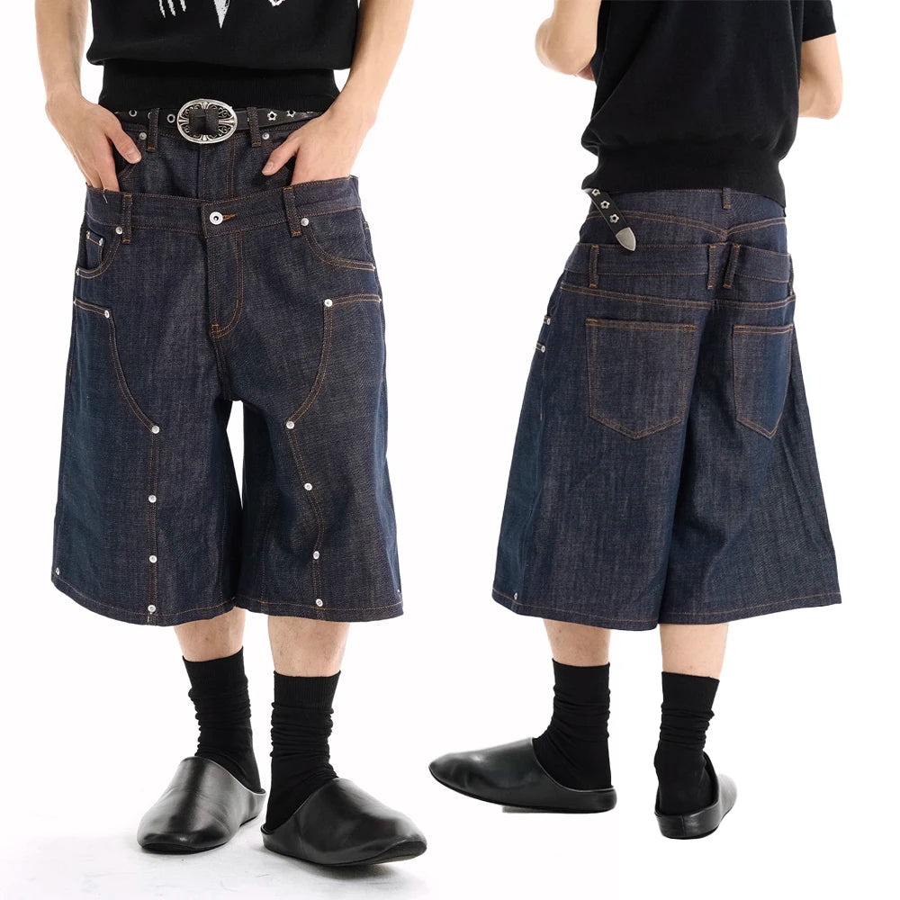 Vintage Double Waist Jeans Heads Hit the Nail Indigo Light Custom Double Waist Jorts High Street Double Waist Pants Men Outfit