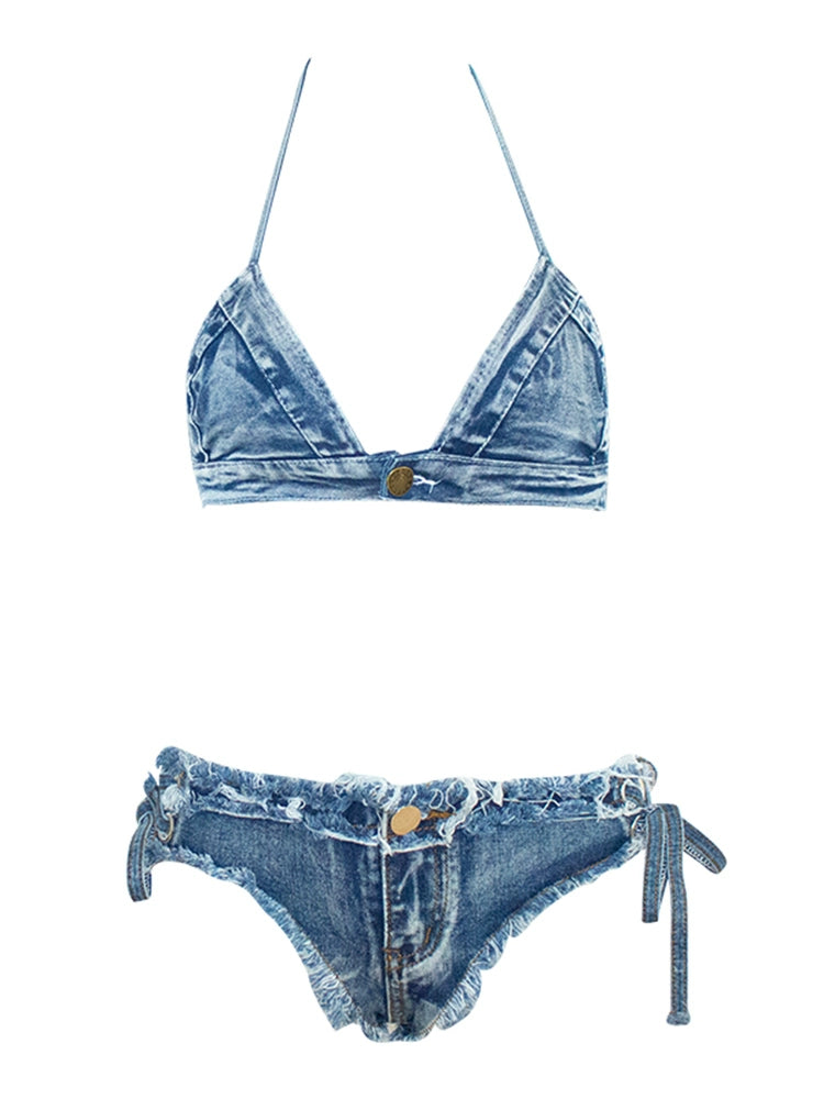 Denim Swimsuit Retro Net Red Hot Girl Ins Separates Three-Point Bikini Vacation Photo Bikini Swimsuit for Women